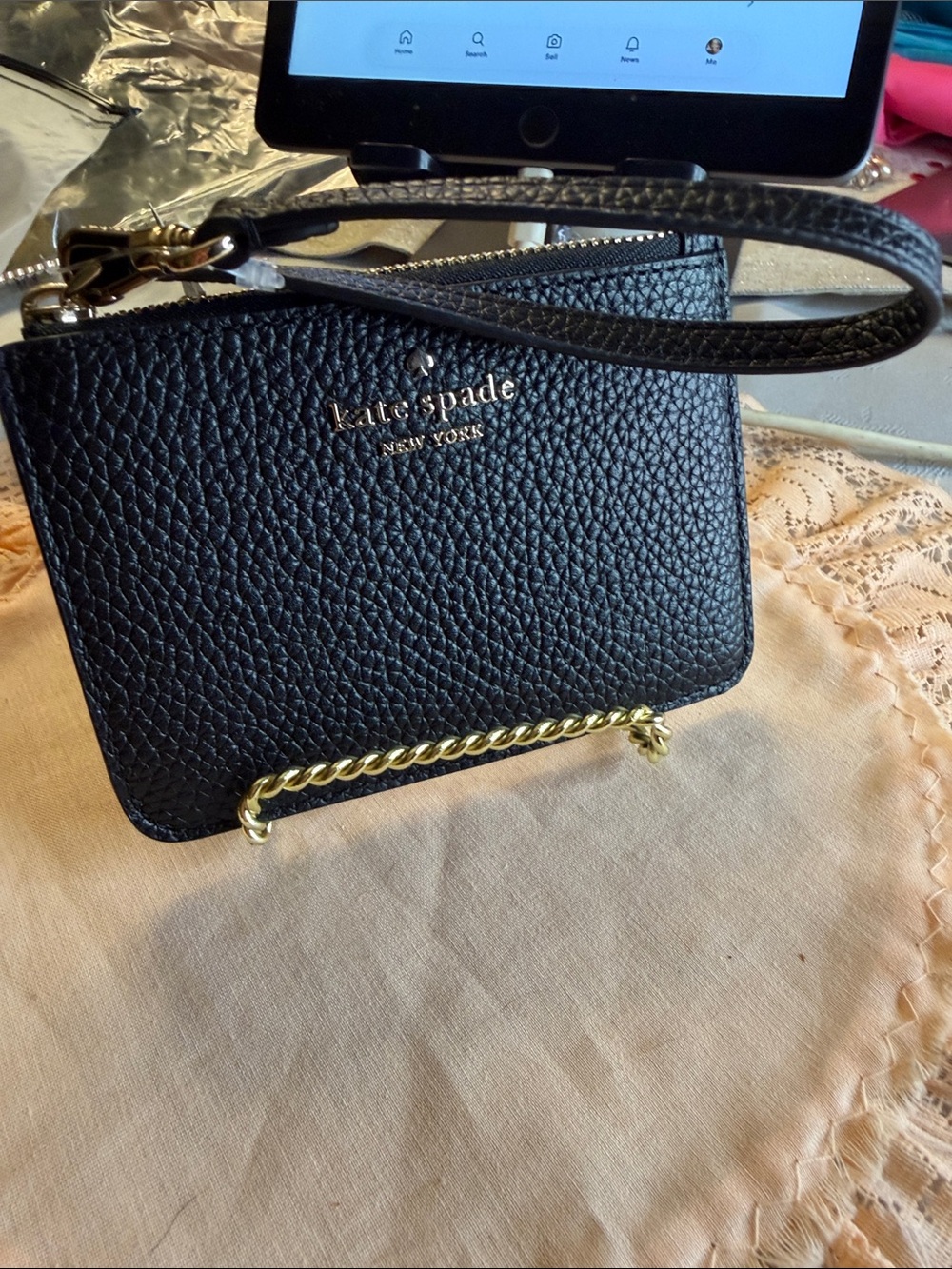 kate spade Black Pebbled Leather Wristlet with Gold Logo